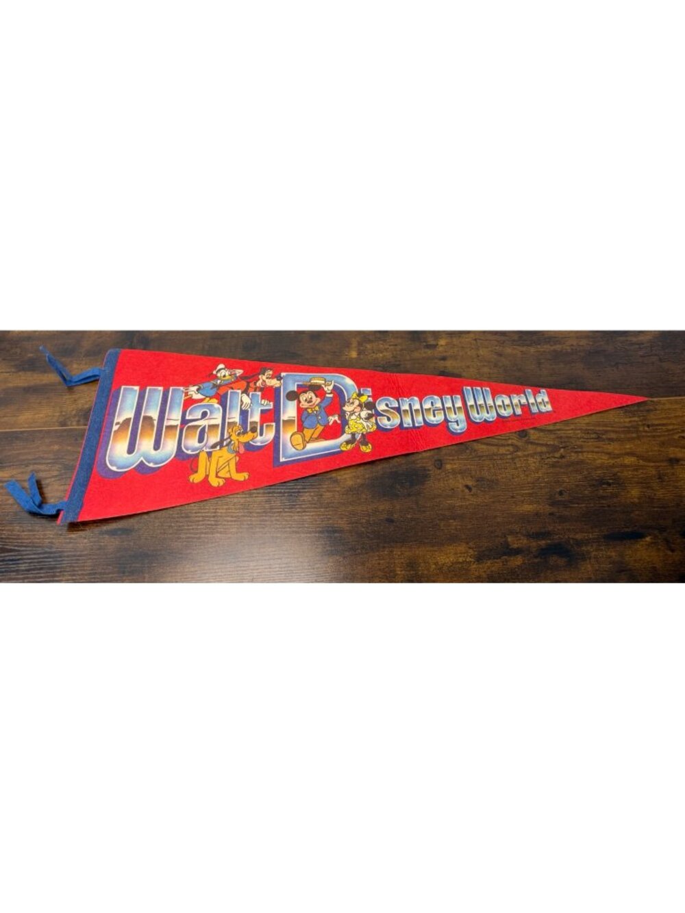Vintage Walt Disney World Red Felt Pennant With Mickey & Friends Graphics
